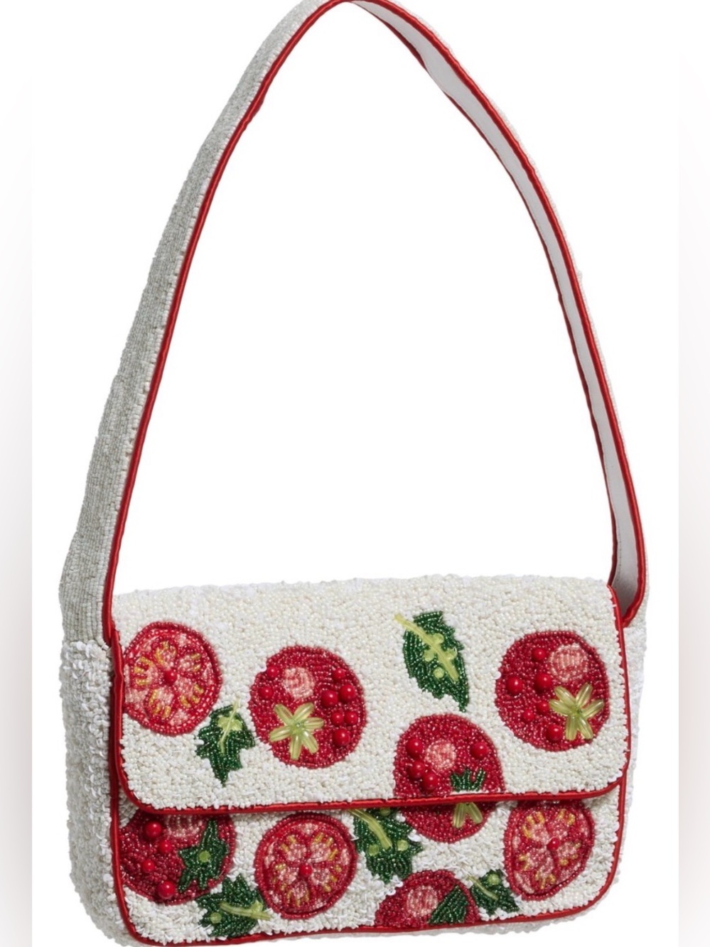 NWT Beaded Tomato Shoulder Bag with Red & Green Accents and tomato keychain